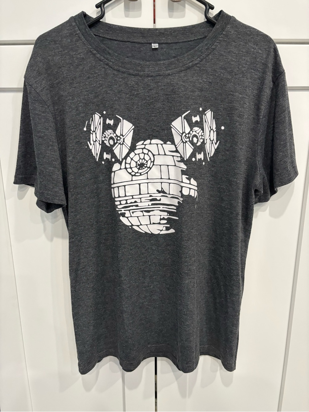 Charcoal Short‑Sleeve Graphic Tee with White Sci‑Fi Mouse Design